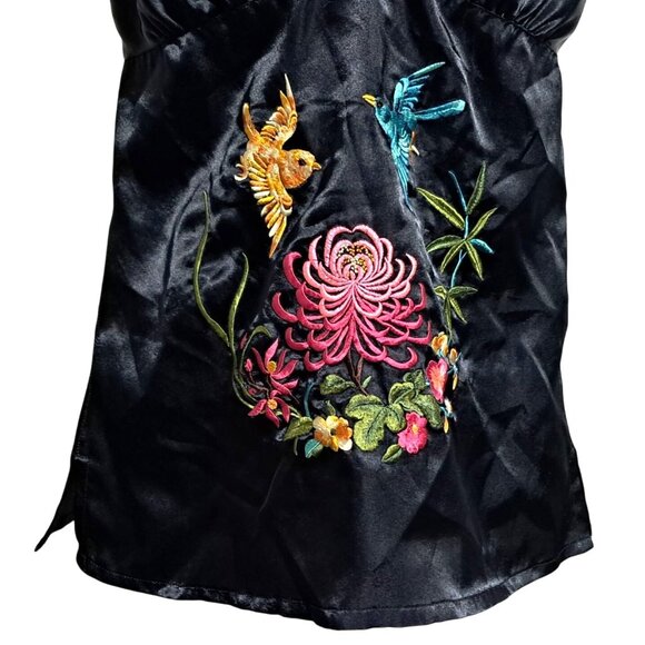 Y2K Divided Black Satin Embroidered Camisole Top With Floral & Bird Design Adjus - Picture 6 of 12